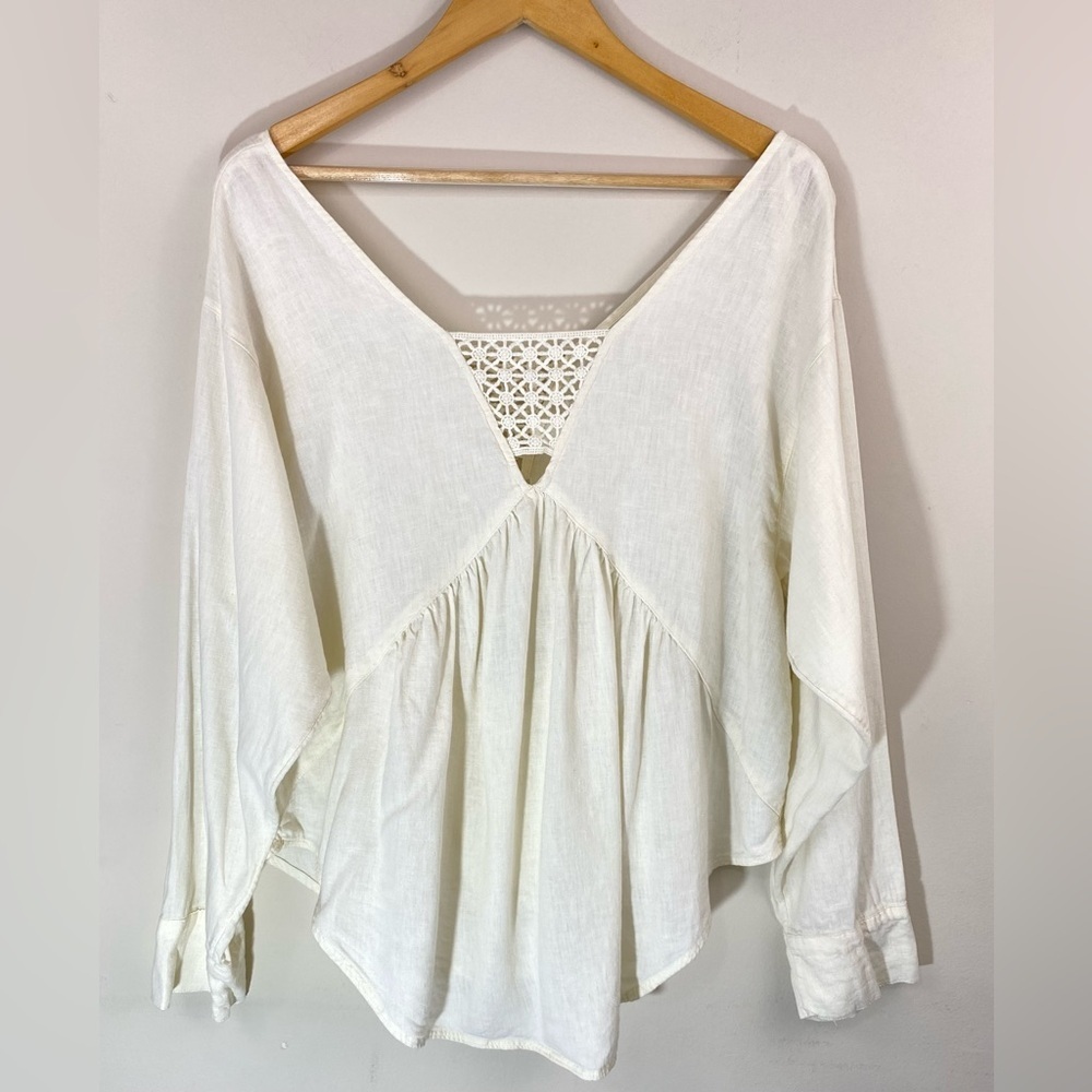 FREE PEOPLE Boho Linen Just Cruisin Pullover Blouse V-Neck in Ivory Size XS - Picture 13 of 13